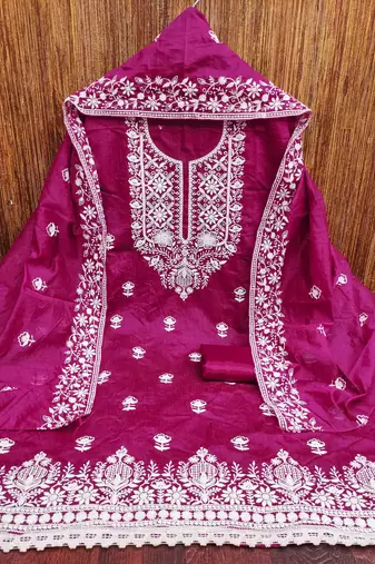 pink chanderi embroidered unstitched dress materials 3 pair top bottom dupatta
