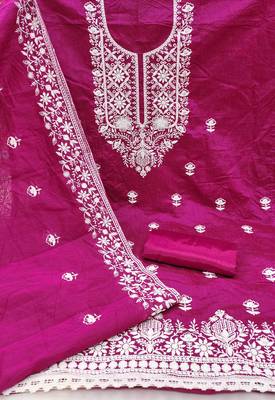 pink chanderi embroidered unstitched dress materials 3 pair top bottom dupatta 3
