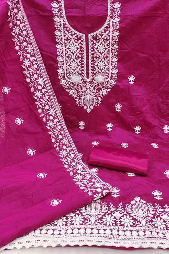 pink chanderi embroidered unstitched dress materials 3 pair top bottom dupatta