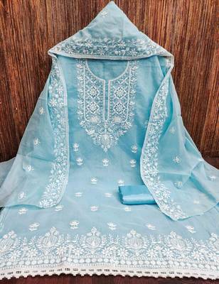 teal chanderi embroidered unstitched dress materials 3 pair top bottom dupatta 2
