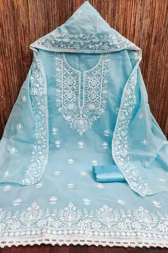 teal chanderi embroidered unstitched dress materials 3 pair top bottom dupatta