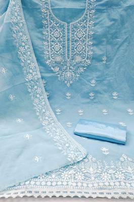 teal chanderi embroidered unstitched dress materials 3 pair top bottom dupatta 3