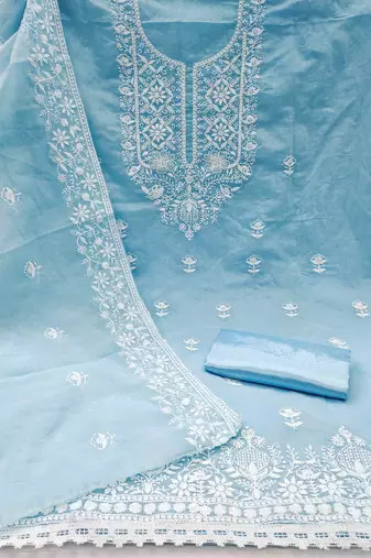 teal chanderi embroidered unstitched dress materials 3 pair top bottom dupatta