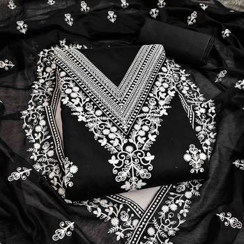 black chanderi embroidered unstitched dress materials 3 pair top bottom dupatta 1