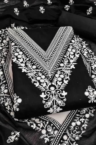 black chanderi embroidered unstitched dress materials 3 pair top bottom dupatta