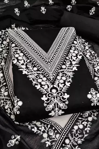 black chanderi embroidered unstitched dress materials 3 pair top bottom dupatta