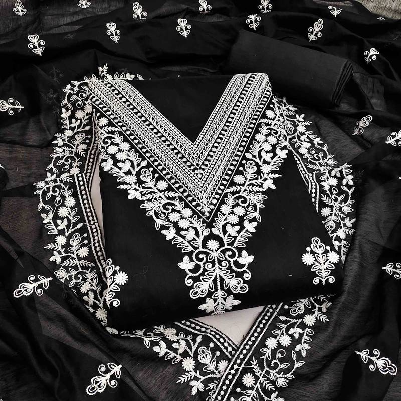 black chanderi embroidered unstitched dress materials 3 pair top bottom dupatta