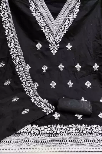 black chanderi embroidered unstitched dress materials 3 pair top bottom dupatta
