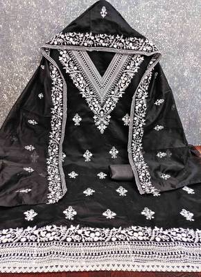 black chanderi embroidered unstitched dress materials 3 pair top bottom dupatta 3