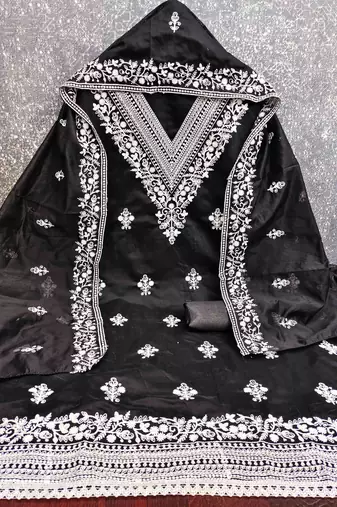 black chanderi embroidered unstitched dress materials 3 pair top bottom dupatta