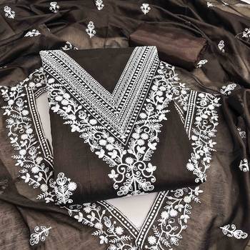 brown chanderi embroidered unstitched dress materials 3 pair top bottom dupatta 1