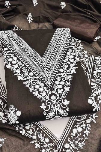brown chanderi embroidered unstitched dress materials 3 pair top bottom dupatta