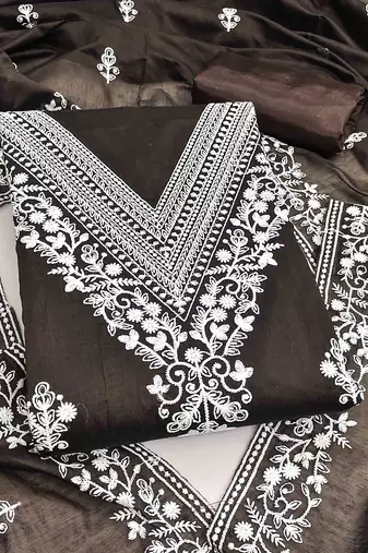 brown chanderi embroidered unstitched dress materials 3 pair top bottom dupatta