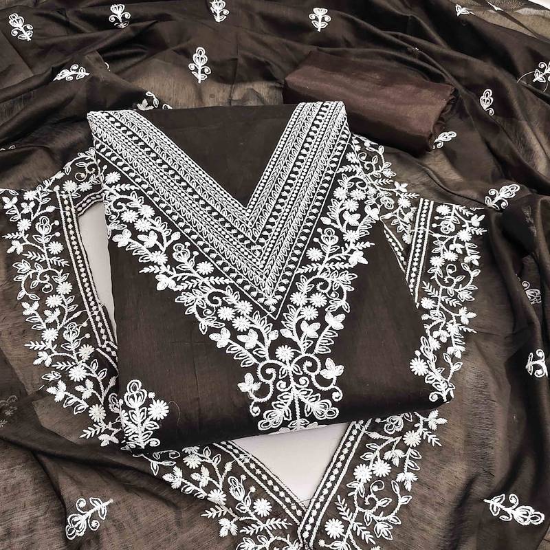 brown chanderi embroidered unstitched dress materials 3 pair top bottom dupatta