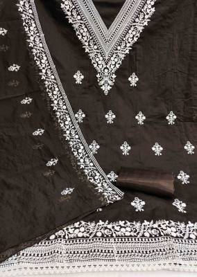 brown chanderi embroidered unstitched dress materials 3 pair top bottom dupatta 2