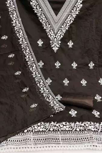 brown chanderi embroidered unstitched dress materials 3 pair top bottom dupatta