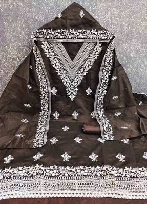 brown chanderi embroidered unstitched dress materials 3 pair top bottom dupatta 3