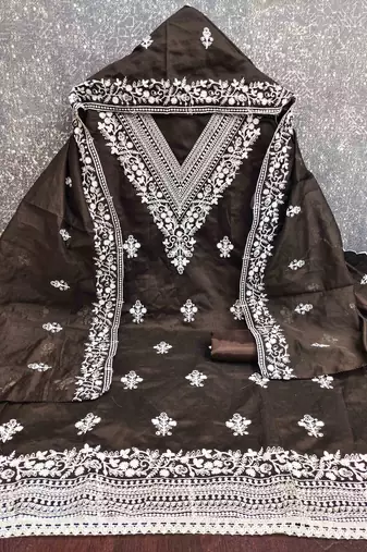 brown chanderi embroidered unstitched dress materials 3 pair top bottom dupatta