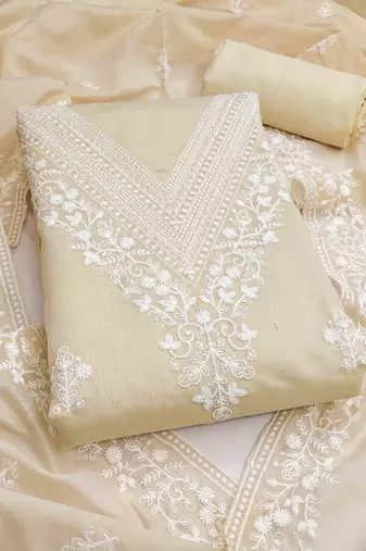 cream chanderi embroidered unstitched dress materials 3 pair top bottom dupatta