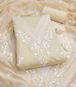 cream chanderi embroidered unstitched dress materials 3 pair top bottom dupatta