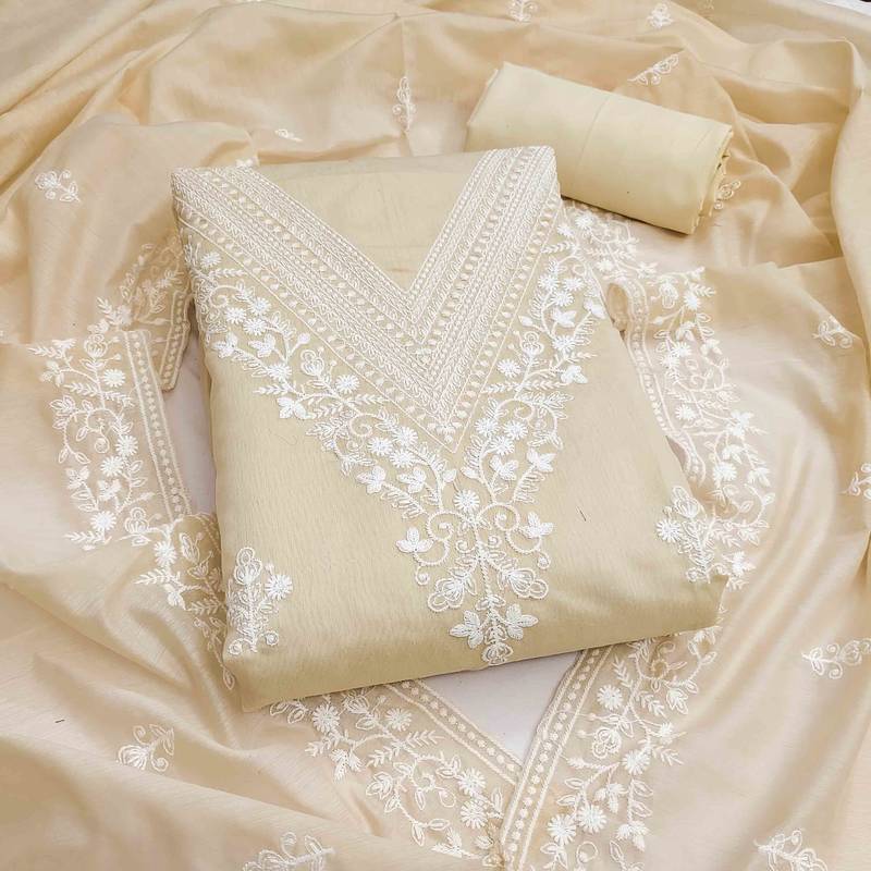 cream chanderi embroidered unstitched dress materials 3 pair top bottom dupatta