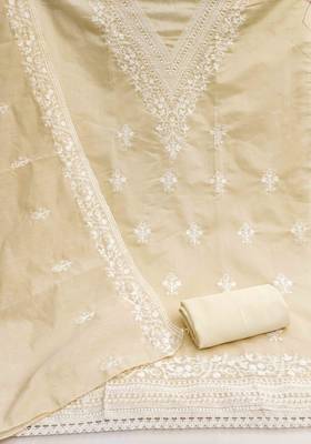 cream chanderi embroidered unstitched dress materials 3 pair top bottom dupatta 2