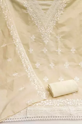 cream chanderi embroidered unstitched dress materials 3 pair top bottom dupatta