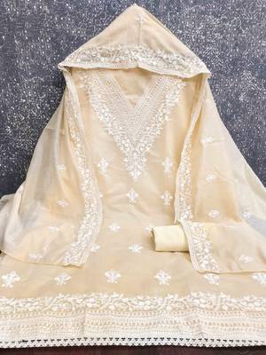 cream chanderi embroidered unstitched dress materials 3 pair top bottom dupatta 3