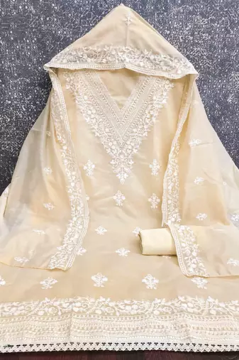 cream chanderi embroidered unstitched dress materials 3 pair top bottom dupatta