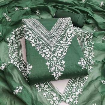 green chanderi embroidered unstitched dress materials 3 pair top bottom dupatta 1