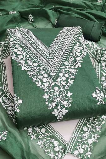green chanderi embroidered unstitched dress materials 3 pair top bottom dupatta