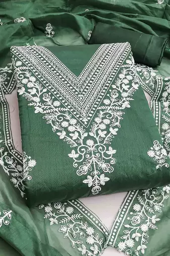 green chanderi embroidered unstitched dress materials 3 pair top bottom dupatta