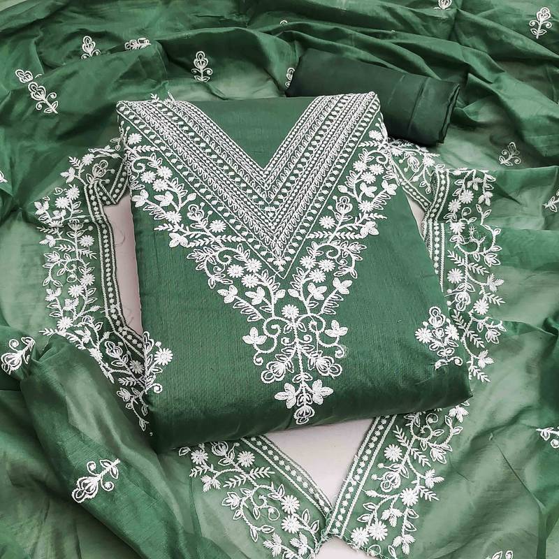 green chanderi embroidered unstitched dress materials 3 pair top bottom dupatta