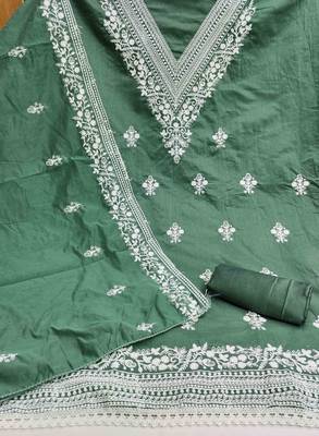 green chanderi embroidered unstitched dress materials 3 pair top bottom dupatta 2