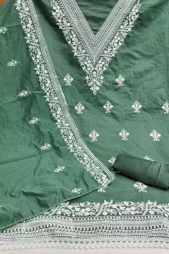 green chanderi embroidered unstitched dress materials 3 pair top bottom dupatta