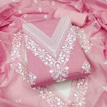 pink chanderi embroidered unstitched dress materials 3 pair top bottom dupatta 1