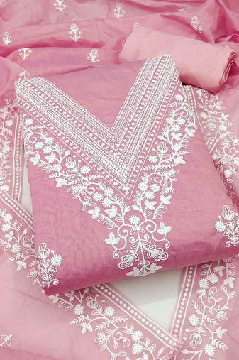 pink chanderi embroidered unstitched dress materials 3 pair top bottom dupatta