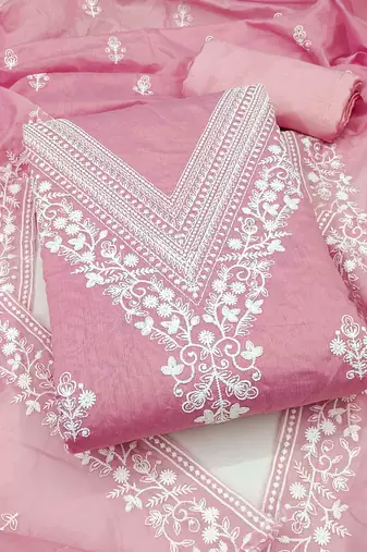 pink chanderi embroidered unstitched dress materials 3 pair top bottom dupatta