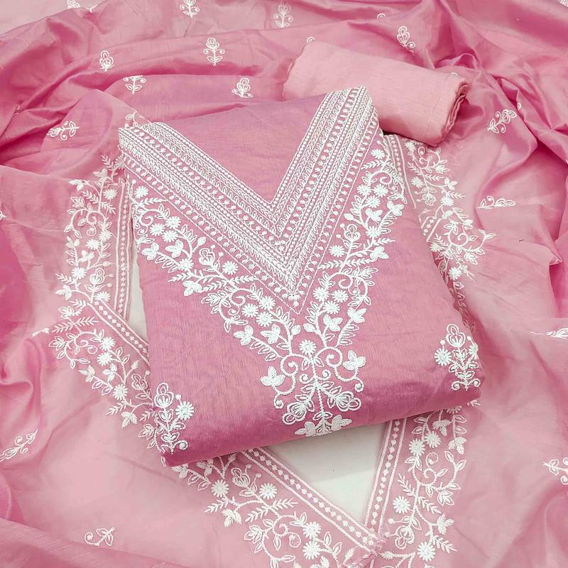 pink chanderi embroidered unstitched dress materials 3 pair top bottom dupatta
