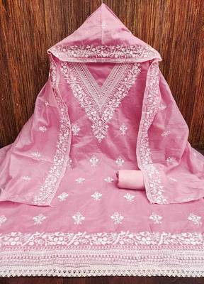 pink chanderi embroidered unstitched dress materials 3 pair top bottom dupatta 2