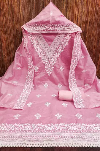pink chanderi embroidered unstitched dress materials 3 pair top bottom dupatta