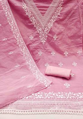 pink chanderi embroidered unstitched dress materials 3 pair top bottom dupatta 3