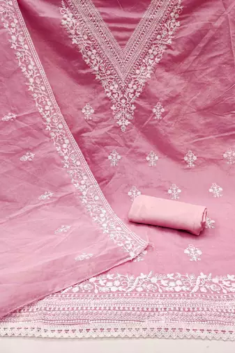 pink chanderi embroidered unstitched dress materials 3 pair top bottom dupatta