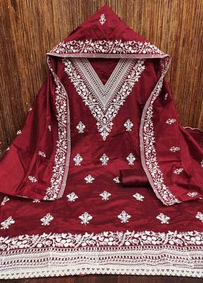 red chanderi embroidered unstitched dress materials 3 pair top bottom dupatta 2