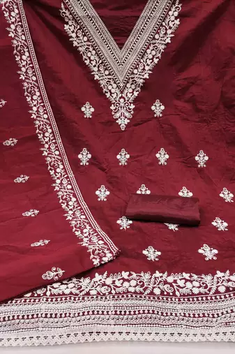 red chanderi embroidered unstitched dress materials 3 pair top bottom dupatta