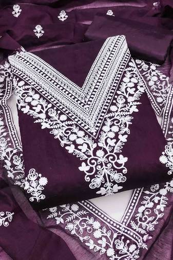 wine chanderi embroidered unstitched dress materials 3 pair top bottom dupatta