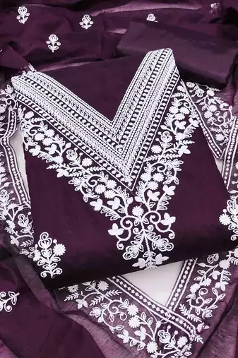 wine chanderi embroidered unstitched dress materials 3 pair top bottom dupatta