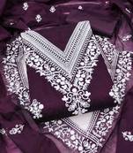 wine chanderi embroidered unstitched dress materials 3 pair top bottom dupatta