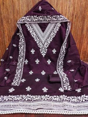 wine chanderi embroidered unstitched dress materials 3 pair top bottom dupatta 2