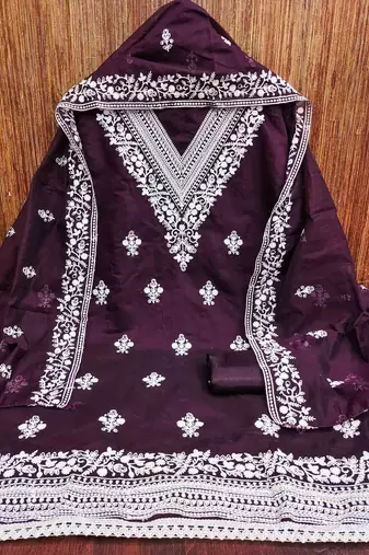 wine chanderi embroidered unstitched dress materials 3 pair top bottom dupatta